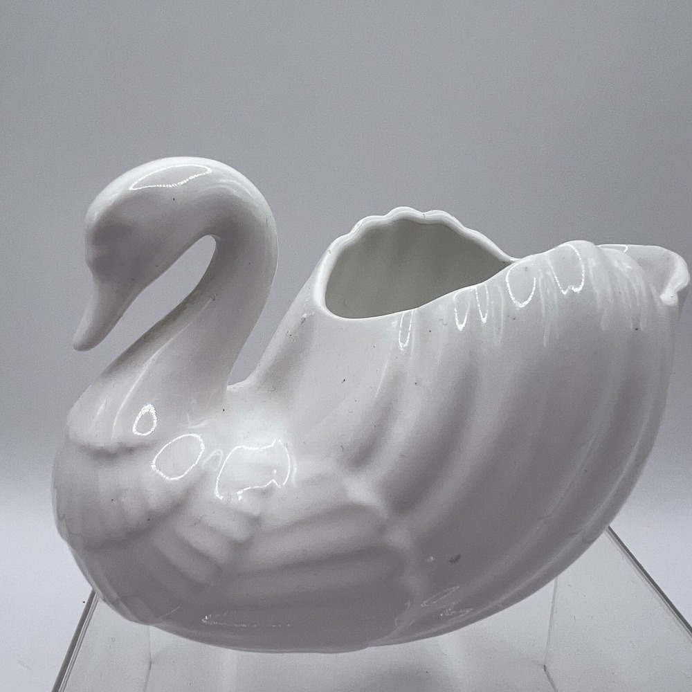 Vintage Small MCM Ceramic White Swan Planter Vase Figure Japan Ben Rickert 3x5"